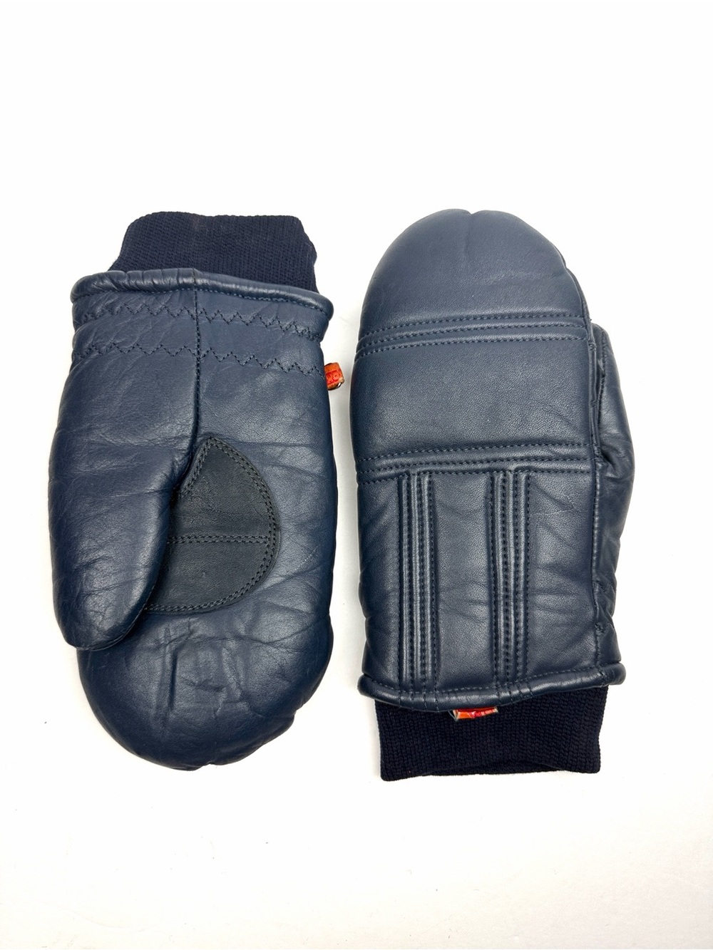 Vintage KOMBI Leather Down Feather Ski Mittens Navy Korea Winter Gloves Women M